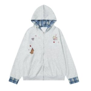 Puppy Embroidery Plaid Hoodie — Light Gray