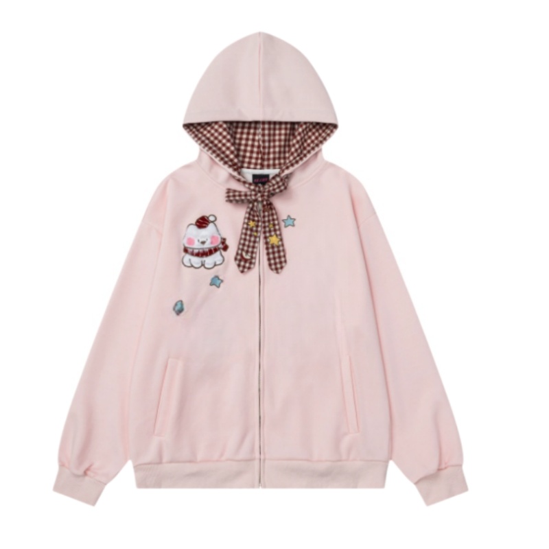 Plaid Drawstring Hoodie — Pink