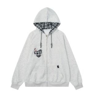Zip-Up Plaid Layering Hoodie — Light Gray