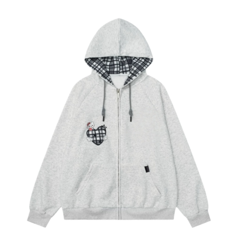 Zip-Up Plaid Layering Hoodie — Light Gray