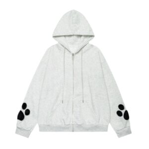 Light Gray Hoodie With Black Dog Paw Pattern