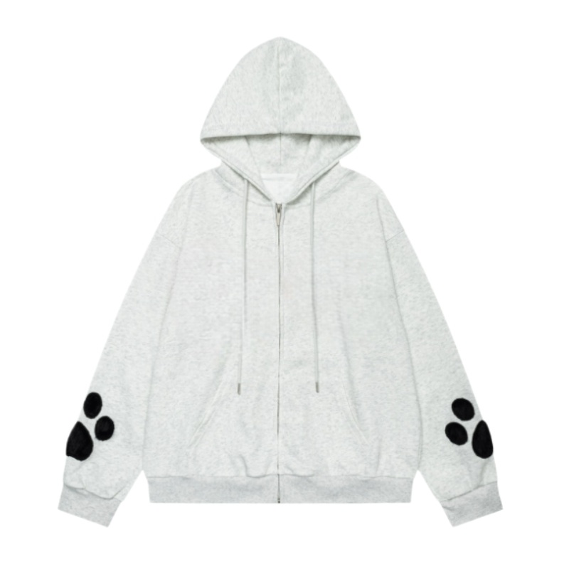 Light Gray Hoodie With Black Dog Paw Pattern