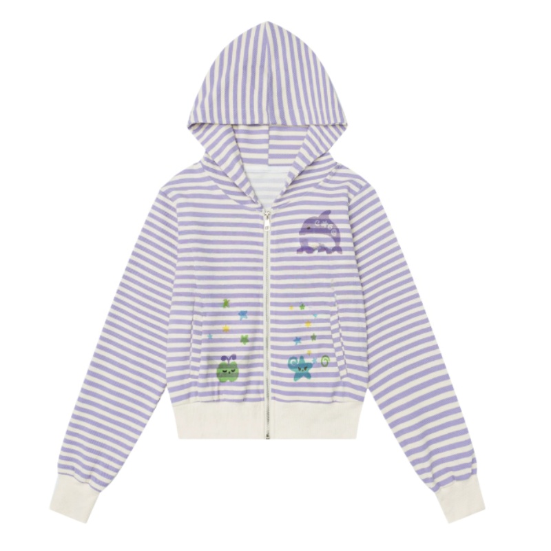 Graffiti Dolphin Print Striped Lightweight Hoodie — Purple